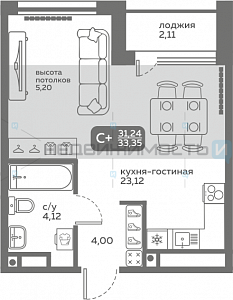 1 комн., 31.24м2, 15/20, Меридиан Слобода, Тюмень