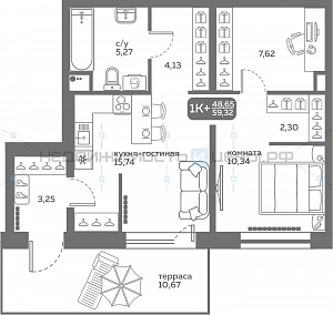 1 комн., 48.65м2, 1/20, Меридиан Слобода, Тюмень