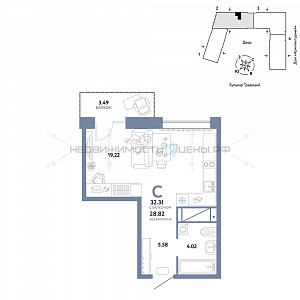 Студия, 32.31м2, 7/15, Домашний, Тюмень