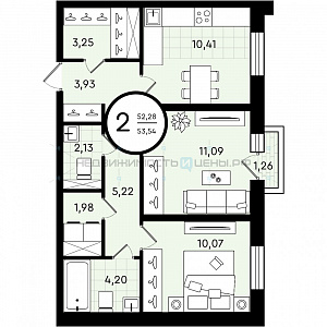 2 комн., 53.54м2, 4/4, Зеленые Аллеи, Тюмень