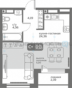 1 комн., 32.91м2, 15/20, Меридиан Слобода, Тюмень