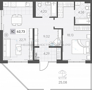 1 комн., 69.81м2, 1/4, Скандиа. Квартал у озера, Тюмень