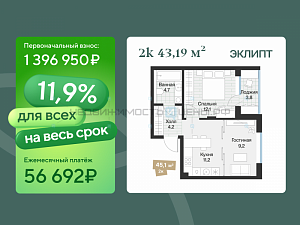 1 комн., 43.19м2, 4/4, Эклипт, Тюмень