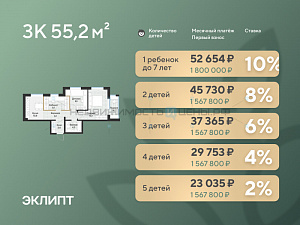 2 комн., 57.2м2, 4/4, Эклипт, Тюмень