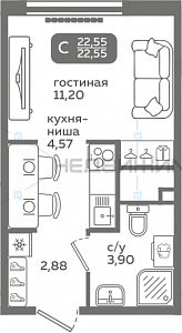 1 комн., 22.55м2, 8/21, Меридиан Слобода, Тюмень