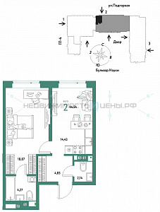 2 комн., 44.54м2, 3/16, Авторский, Тюмень