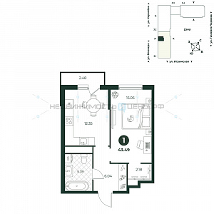 1 комн., 43.49м2, 7/18, Игрим, Тюмень