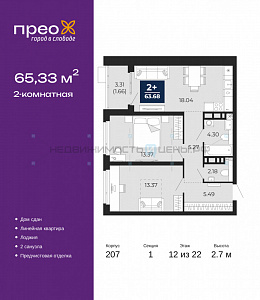 2 комн., 65.33м2, 12/22, Прео, Тюмень