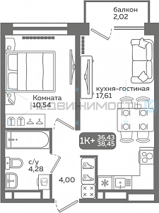 1 комн., 36.43м2, 3/21, Меридиан Слобода, Тюмень