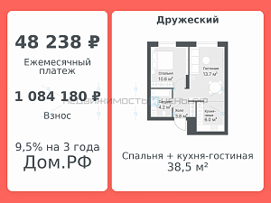 2 комн., 38.5м2, 14/14, Дружеский, Тюмень