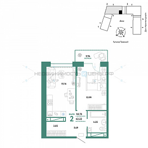 2 комн., 46.16м2, 11/15, Домашний, Тюмень