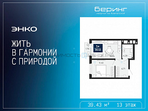 1 комн., 39.43м2, 13/19, Тюмень