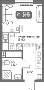 1 комн., 21.22м2, 10/20, Меридиан Слобода, Тюмень