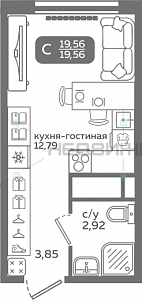 1 комн., 19.56м2, 15/21, Меридиан Слобода, Тюмень