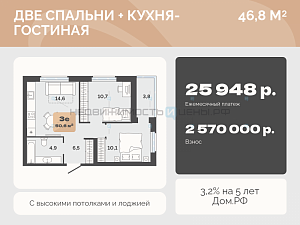 2 комн., 46.8м2, 23/23, Баланс, Тюмень