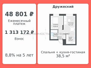 2 комн., 38.5м2, 13/14, Дружеский, Тюмень