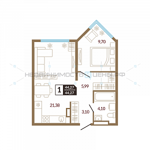 1 комн., 44.27м2, 4/4, Озерный, Тюмень