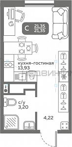 1 комн., 21.22м2, 12/20, Меридиан Слобода, Тюмень