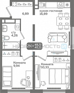 2 комн., 48.31м2, 18/21, Меридиан Слобода, Тюмень