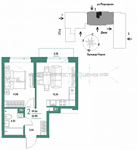 2 комн., 39.56м2, 5/16, Авторский, Тюмень