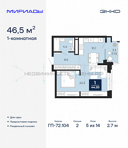 1 комн., 46.5м2, 5/14, Тюмень