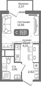 1 комн., 22.5м2, 3/21, Меридиан Слобода, Тюмень