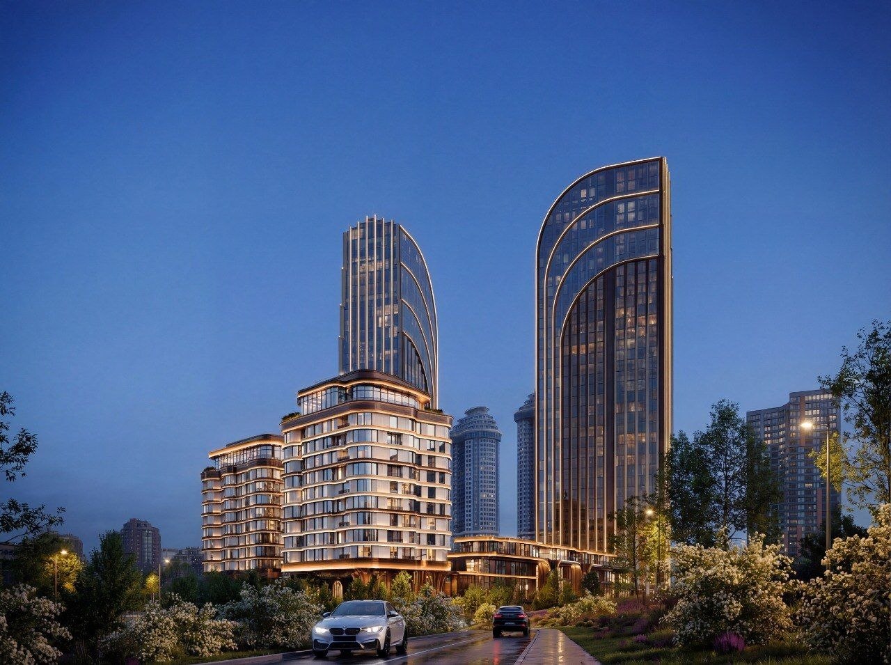 Вечерняя подсветка башен Upside Мосфильмовская