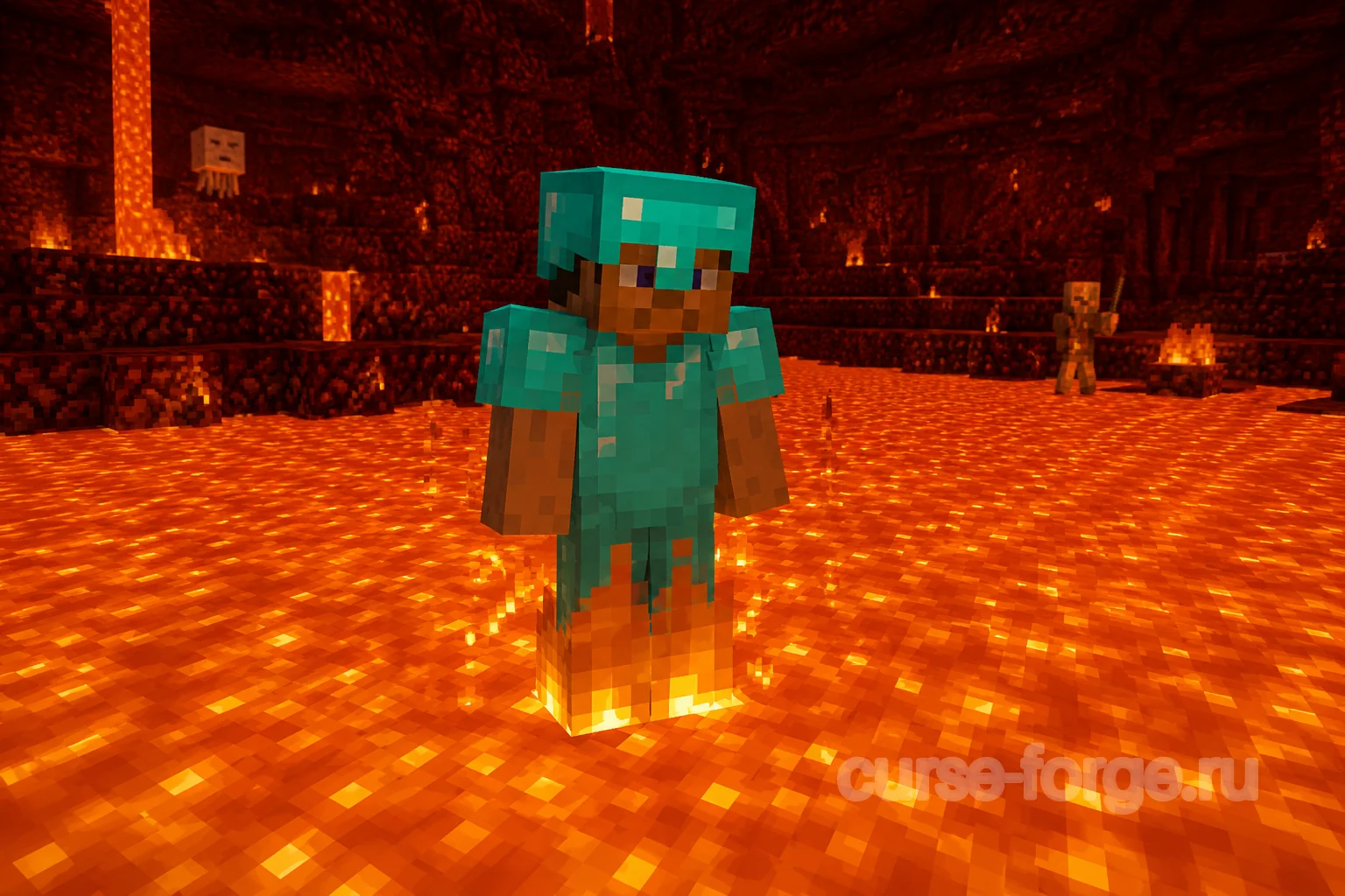 Игрок Minecraft в лаве с эффектом огнестойкости