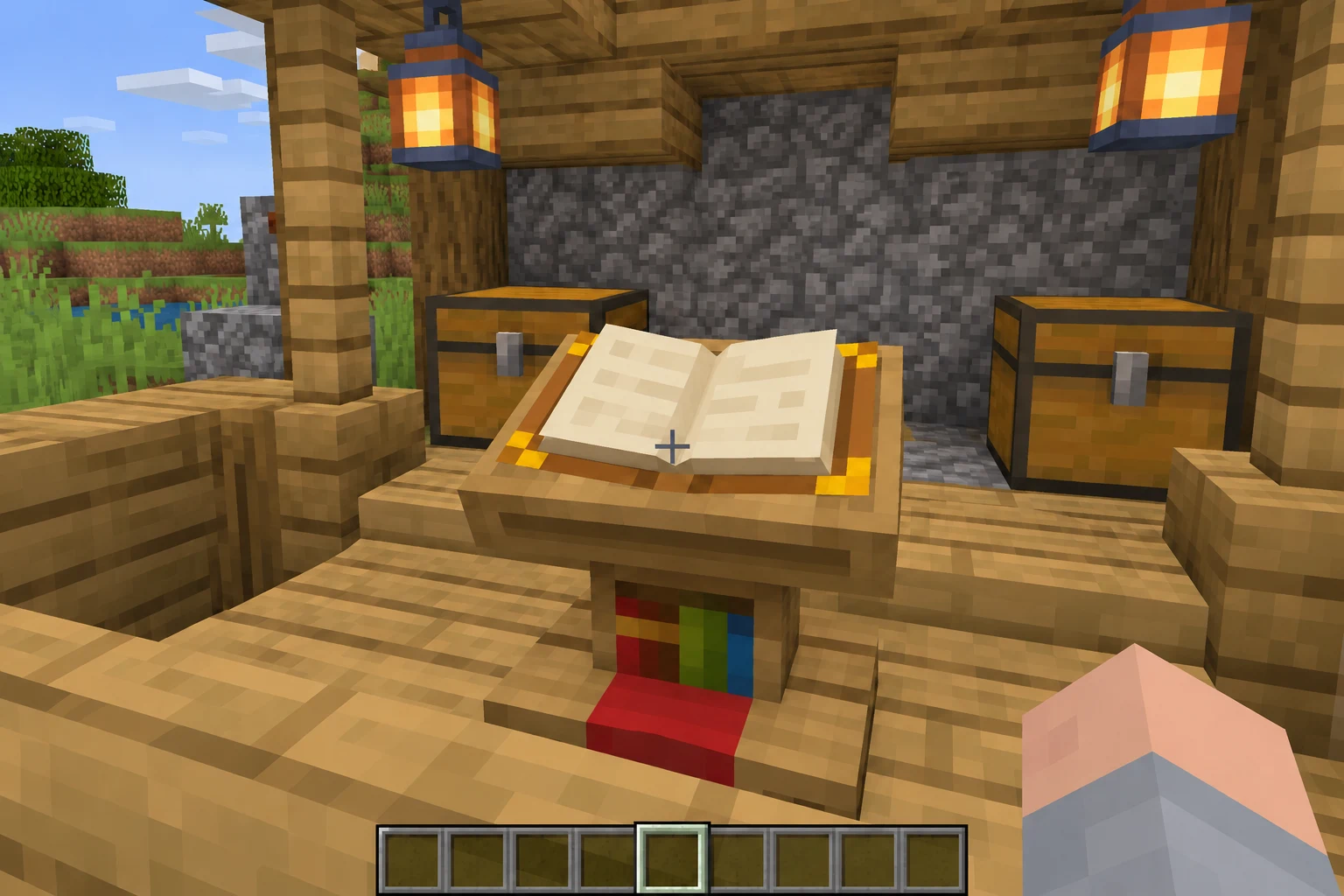 Пюпитр с двухстраничной книгой меню в небольшой лавке Minecraft