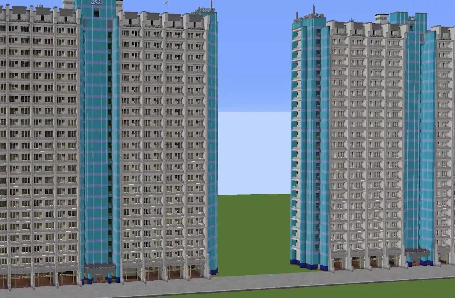Два многоэтажных жилых дома, построенных в Minecraft