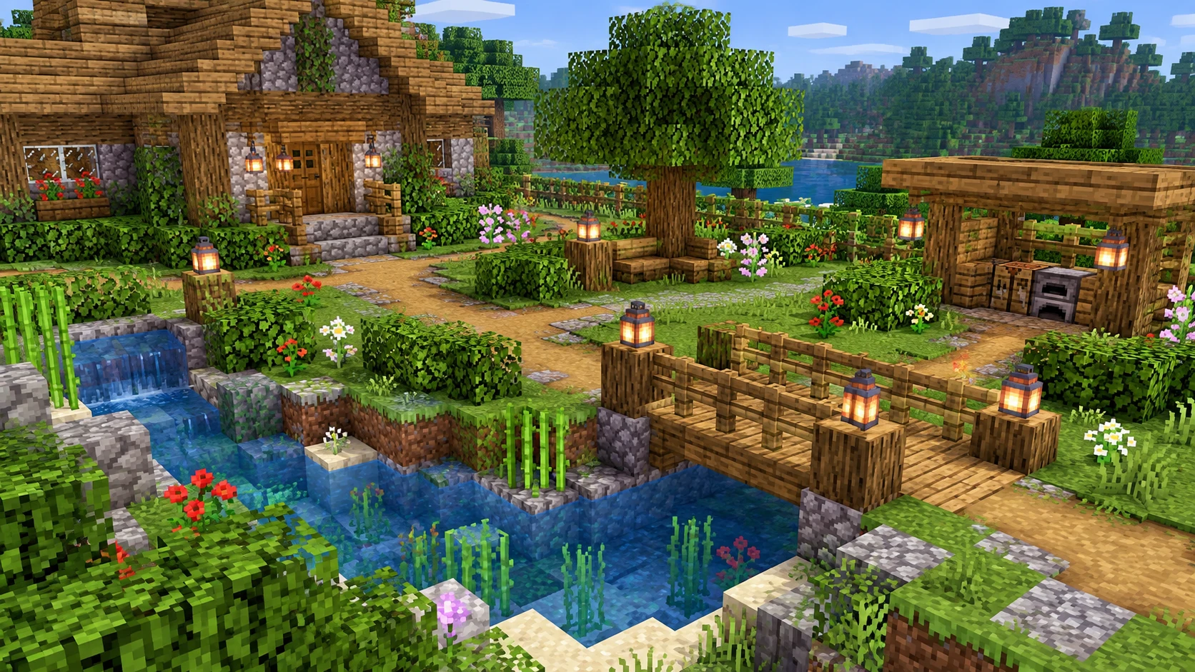 Как обустроить двор в Minecraft: дорожки, мостик и озеленение