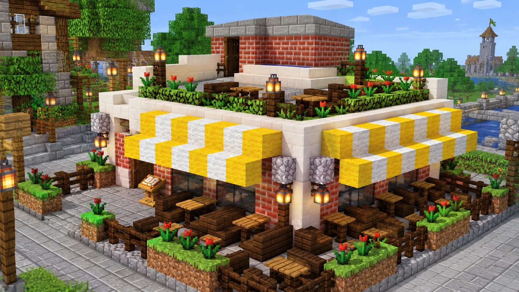 Как построить кафе с террасой на крыше в Minecraft