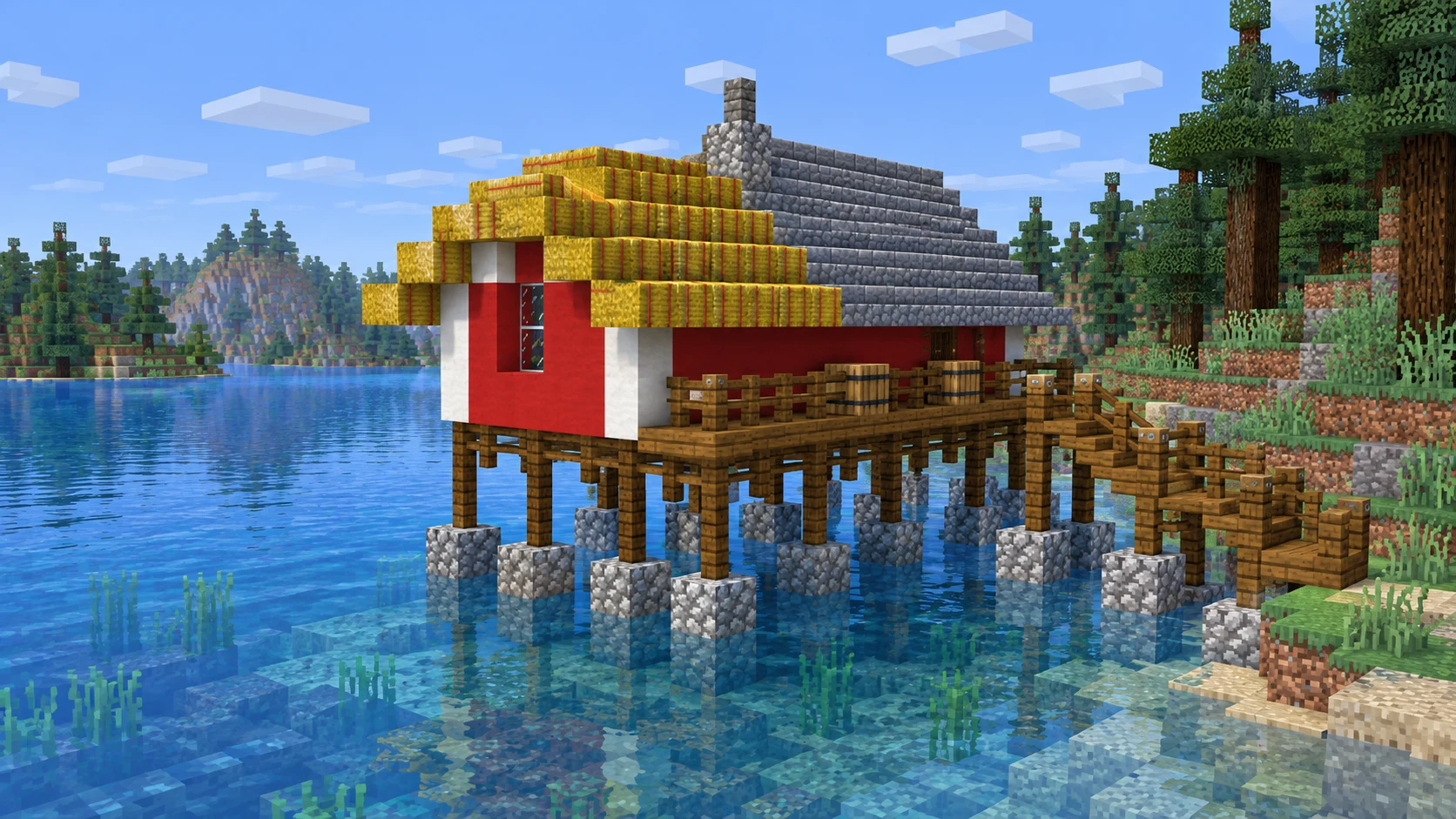 Как построить рыбацкий домик на сваях в Minecraft