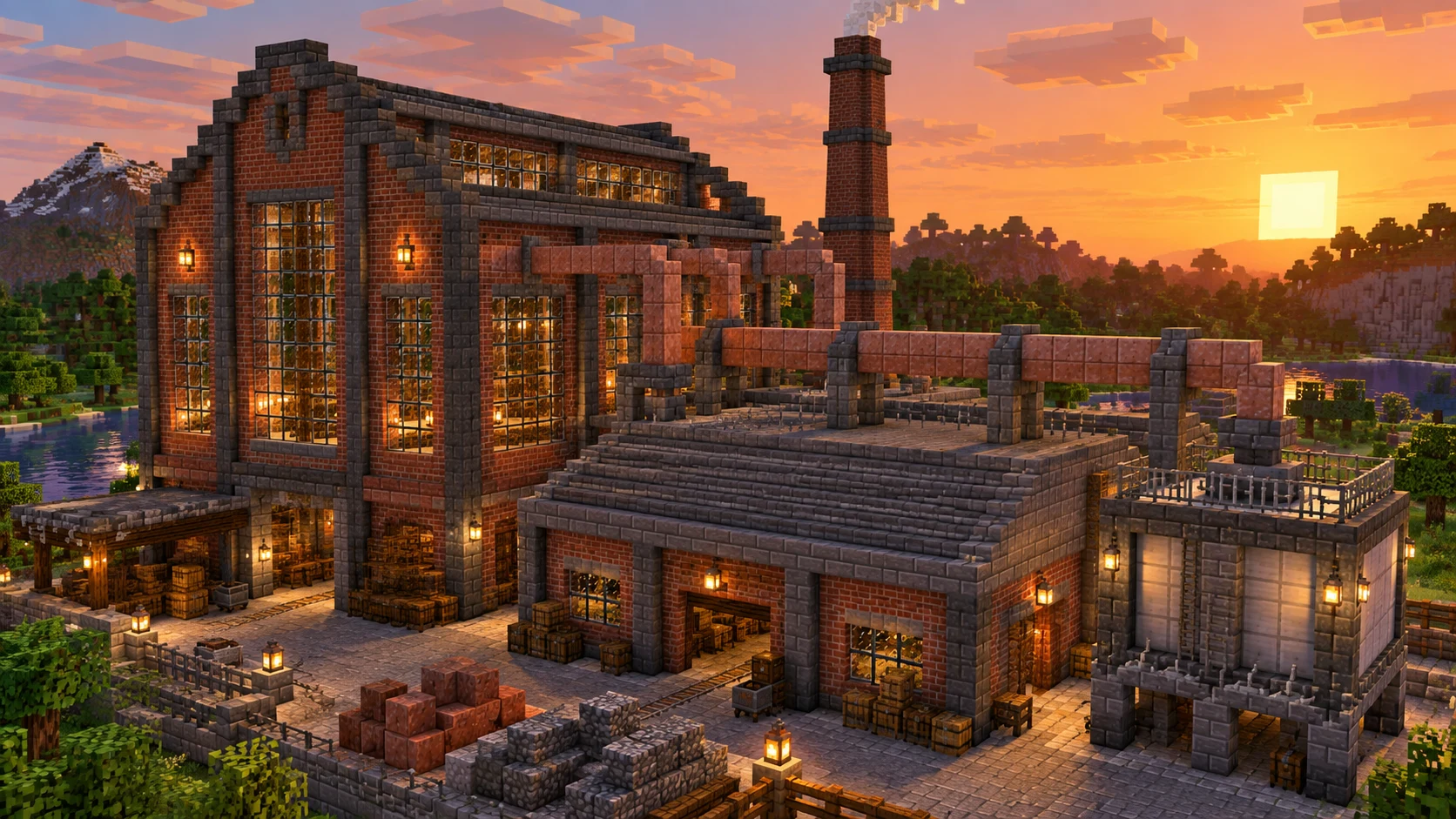 Декоративная фабрика в Minecraft: корпуса, трубы и технический двор