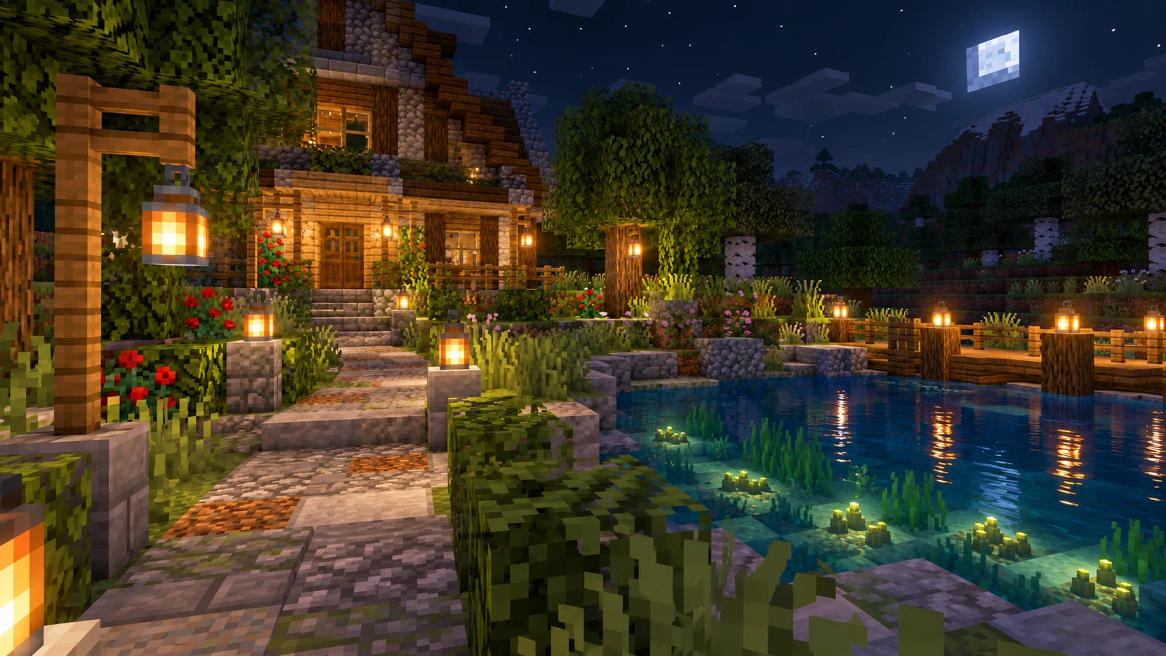 Как красиво осветить двор, дорожки и пруд в Minecraft