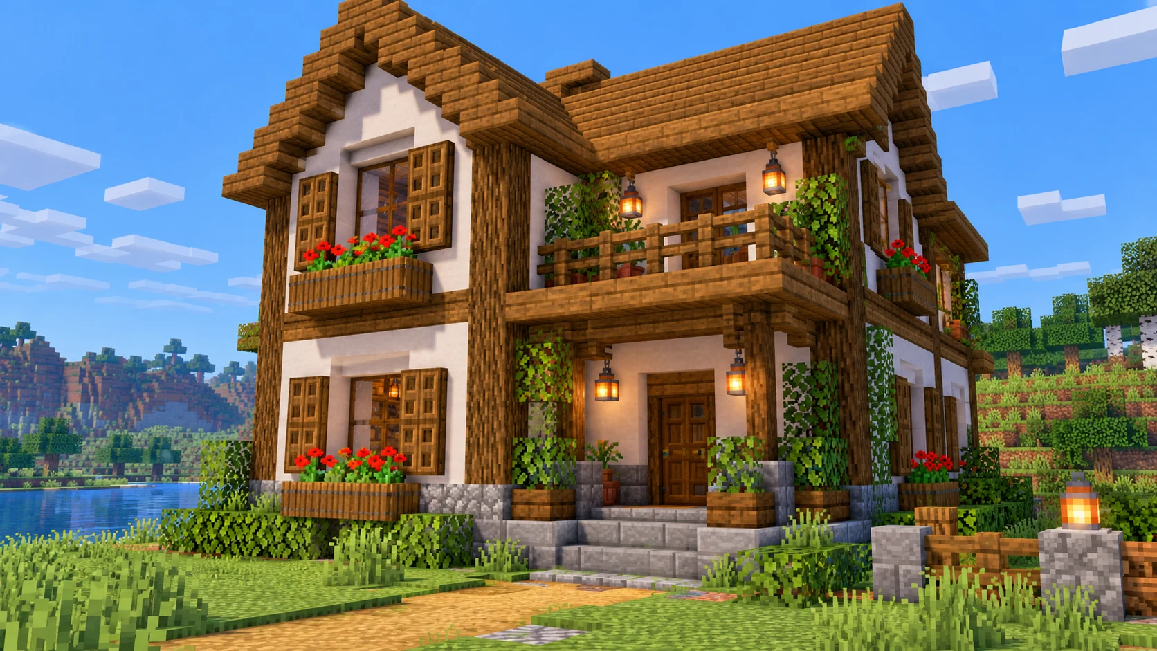 Как украсить фасад дома в Minecraft: окна, ставни и объём