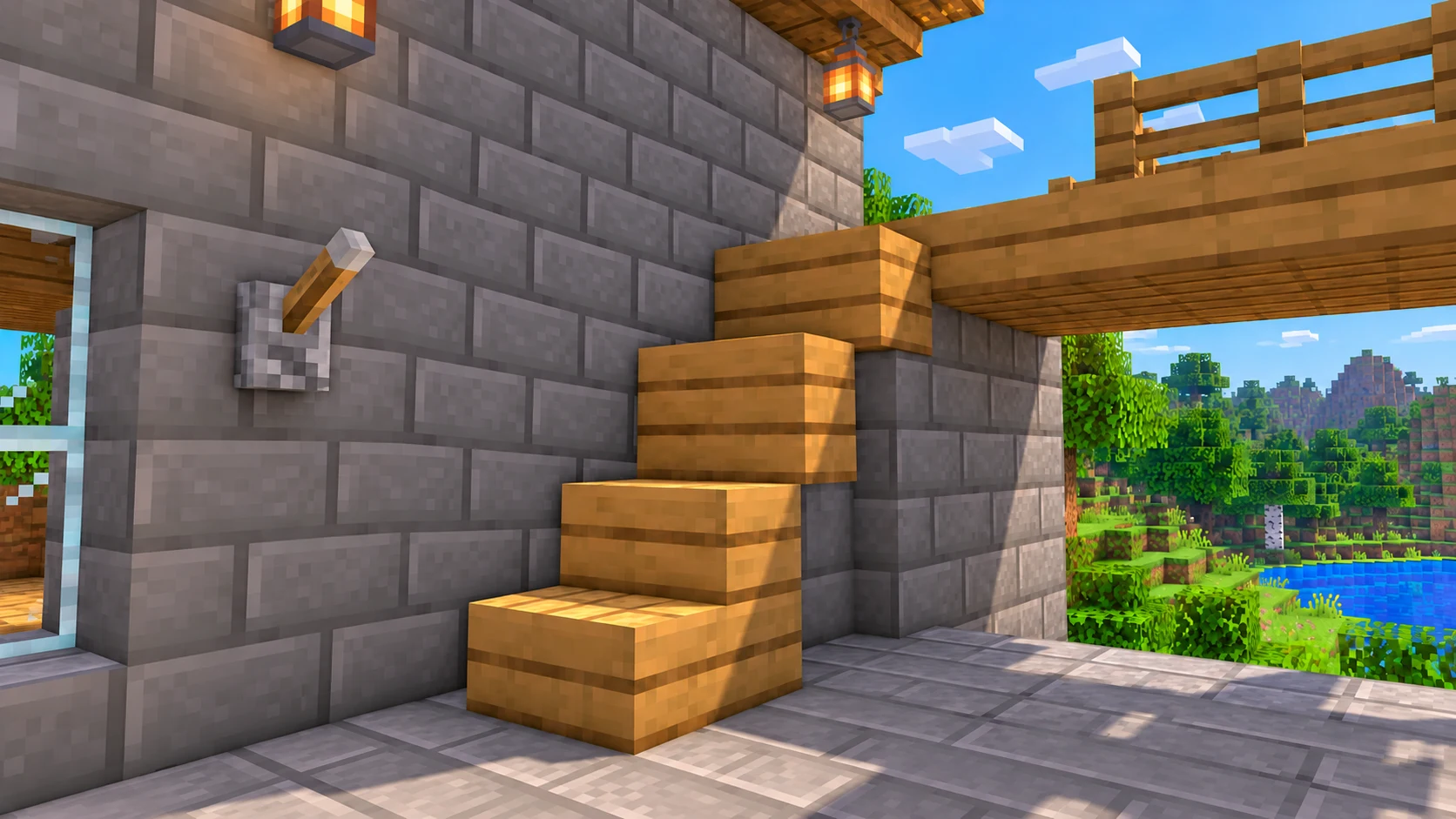 Скрытая лестница в Minecraft: выдвижные ступени с рычагом