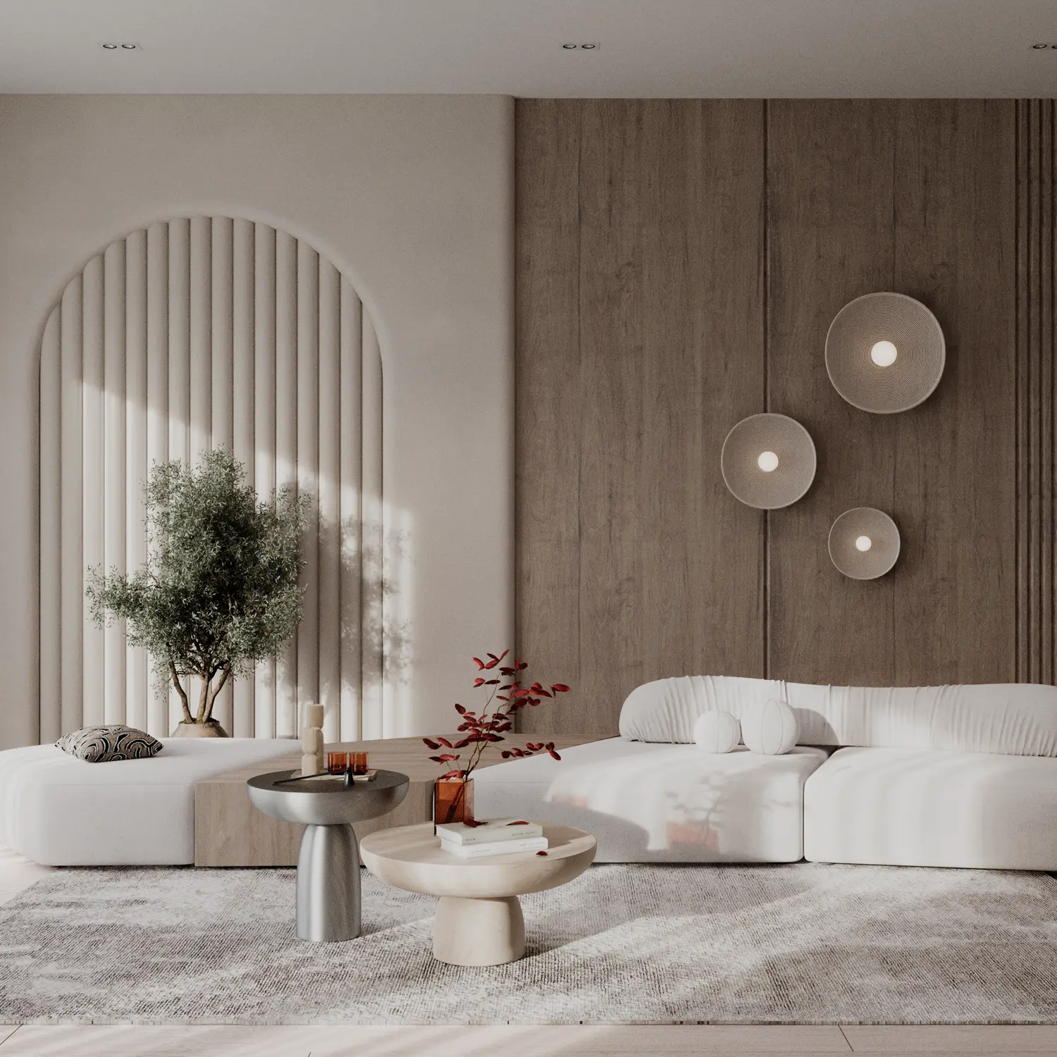 Прямой диван Andre 4 модуля со столом белый 580х202 см. - в интерьере