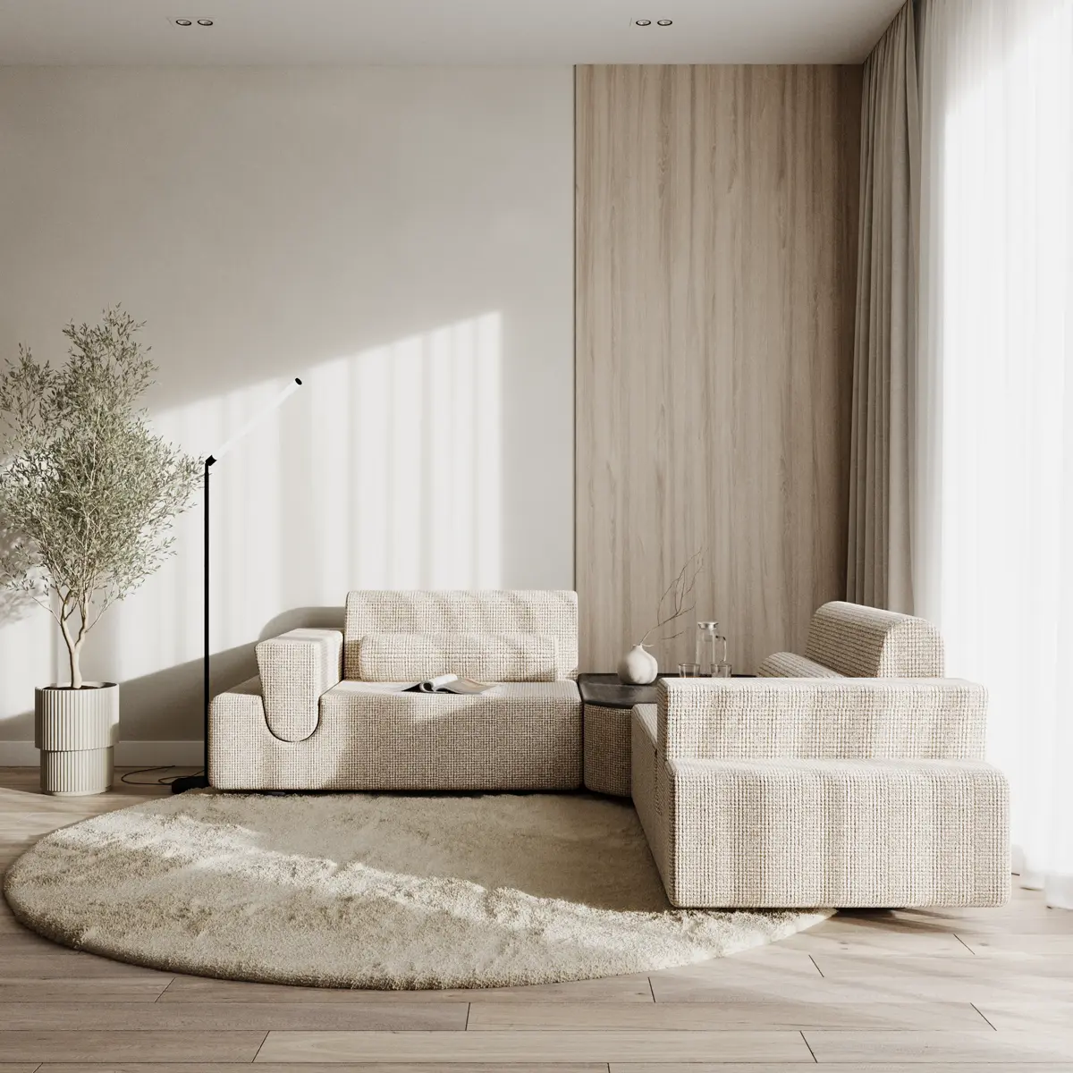 Прямой диван Morph 2 модуля с подушками и подлокотником светло-бежевый 360x90 см - в интерьере 3