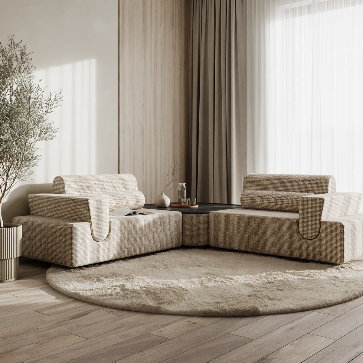 Прямой диван Morph 2 модуля с подушками и подлокотником светло-бежевый 360x90 см - в интерьере 4