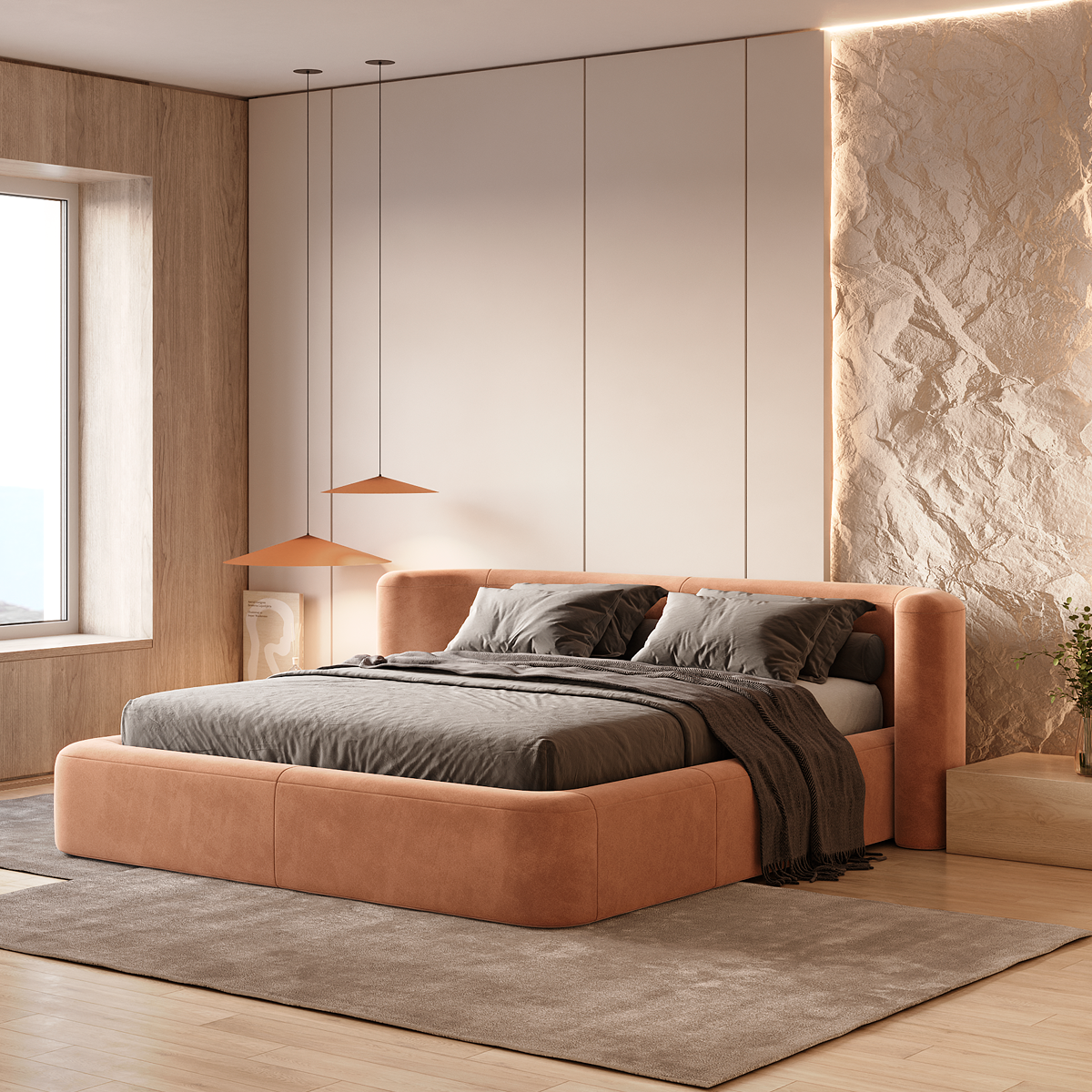 Кровать двуспальная Curve с мягким изголовьем и подъемным механизмом - в интерьере