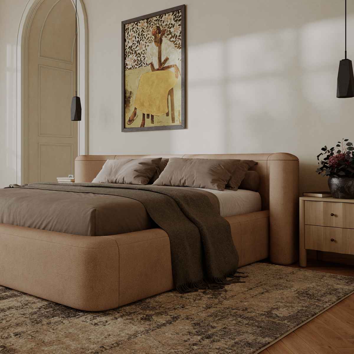 Кровать двуспальная Curve с мягким изголовьем и подъемным механизмом - в интерьере 2