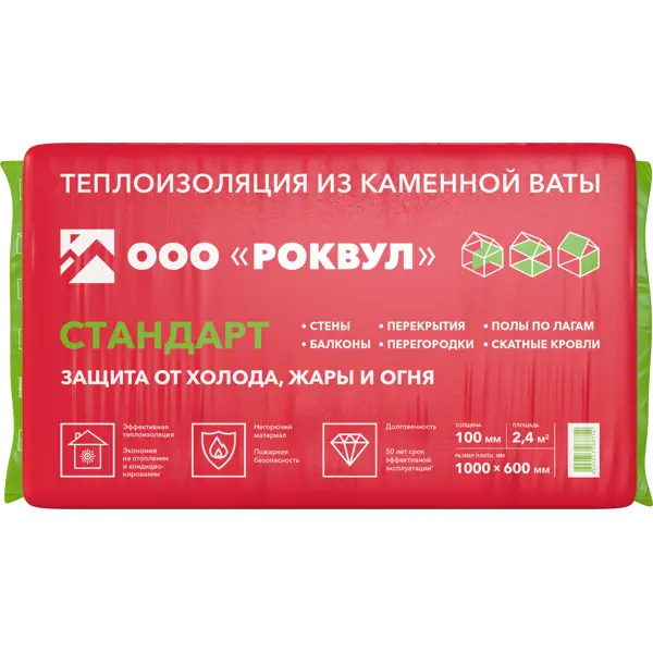 Утеплитель Rockwool Стандарт 100 мм 4 шт 600x1000 мм 2.4 м²
