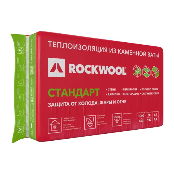 Утеплитель Rockwool Стандарт 100 мм 4 шт 600x1000 мм 2.4 м²