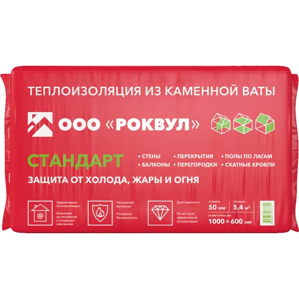Утеплитель Rockwool Стандарт 50 мм 9 шт 600x1000 мм 5.4 м²