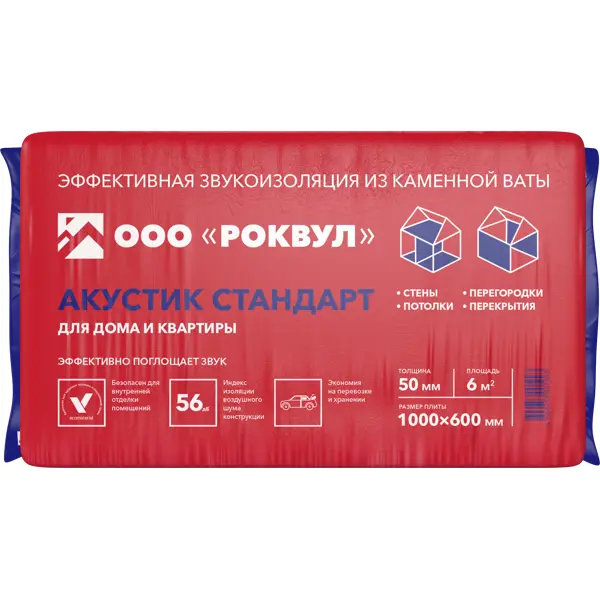 Звукоизоляция Rockwool Акустик 50 мм 10 шт 600x1000 мм 6 м²