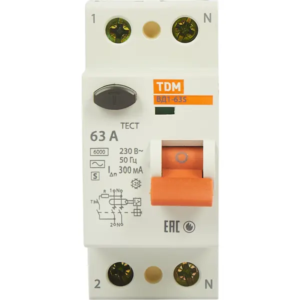 УЗО Tdm Electric ВД1-63S 2P 63 A 300 мА 4.5 кА AC SQ0203-0061