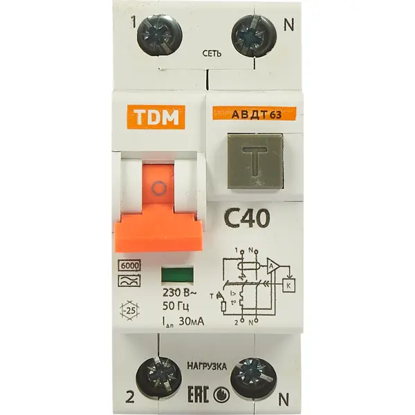 Дифференциальный автомат Tdm Electric АВДТ-63 1P N C40 A 30 мА 6 кА AС SQ0202-0006