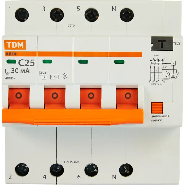 Дифференциальный автомат Tdm Electric АД-14 4P C25 A 30 мА 4.5 кА AC SQ0204-0133