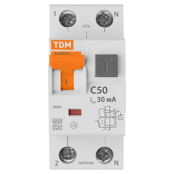 Дифференциальный автомат TDM Electric 63 2P N C50 А 30 мА 6 кА А
